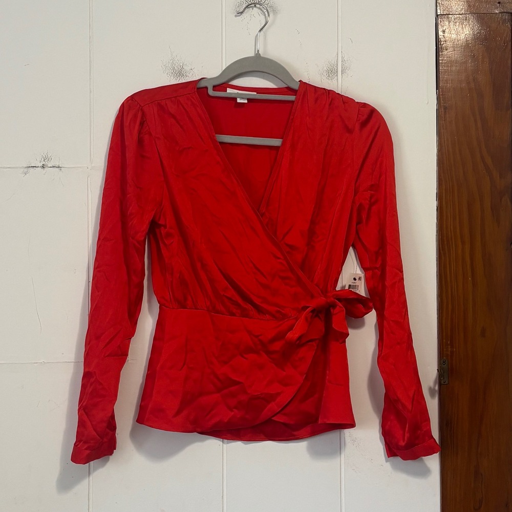 Bar III Womens Red Ash Long Sleeve Wrap Blouse V-Neck Side Tie Top XS NEW